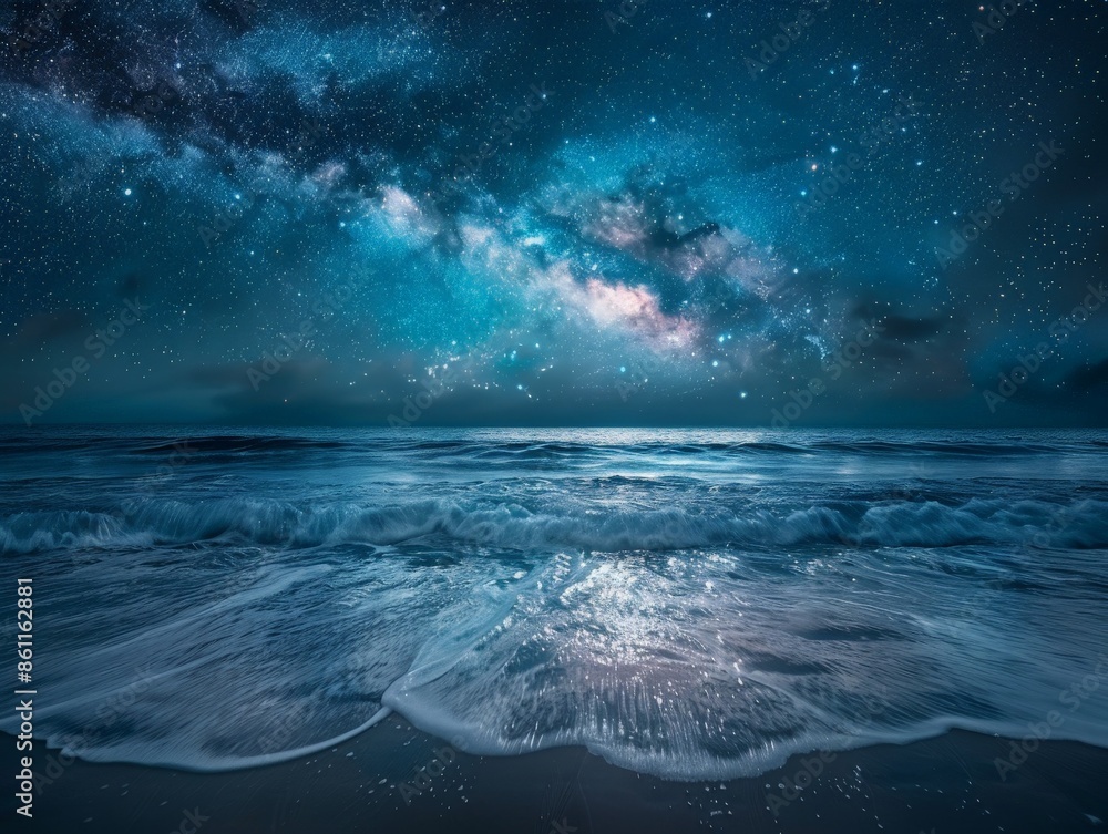 Gentle waves on a calm ocean under a clear, starry night sky, with the ...
