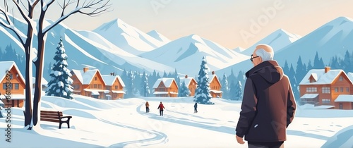 elder man in winter park tra travel holiday lifestyle concept banner background photo
