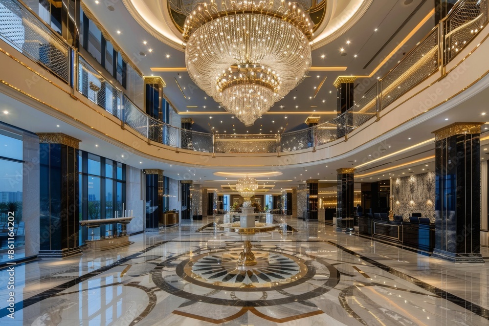 Obraz premium Luxurious Hotel Lobby with Grand Chandelier