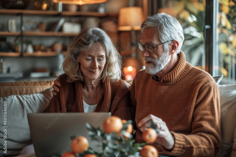 An elderly couple is sitting on the couch and looking at the laptop An elderly couple is sitting on the couch and looking at the laptop