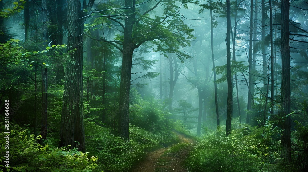 Misty forest scene with tall trees and a narrow path winding through, creating a calm and mysterious atmosphere in the early morning light Misty forest scene with tall trees and a narrow path winding through, creating a calm and mysterious atmosphere in the early morning light