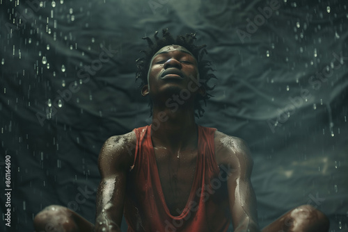 A powerful portrait of a man meditating under a waterfall, drenched in water, creating a serene and intense visual experience