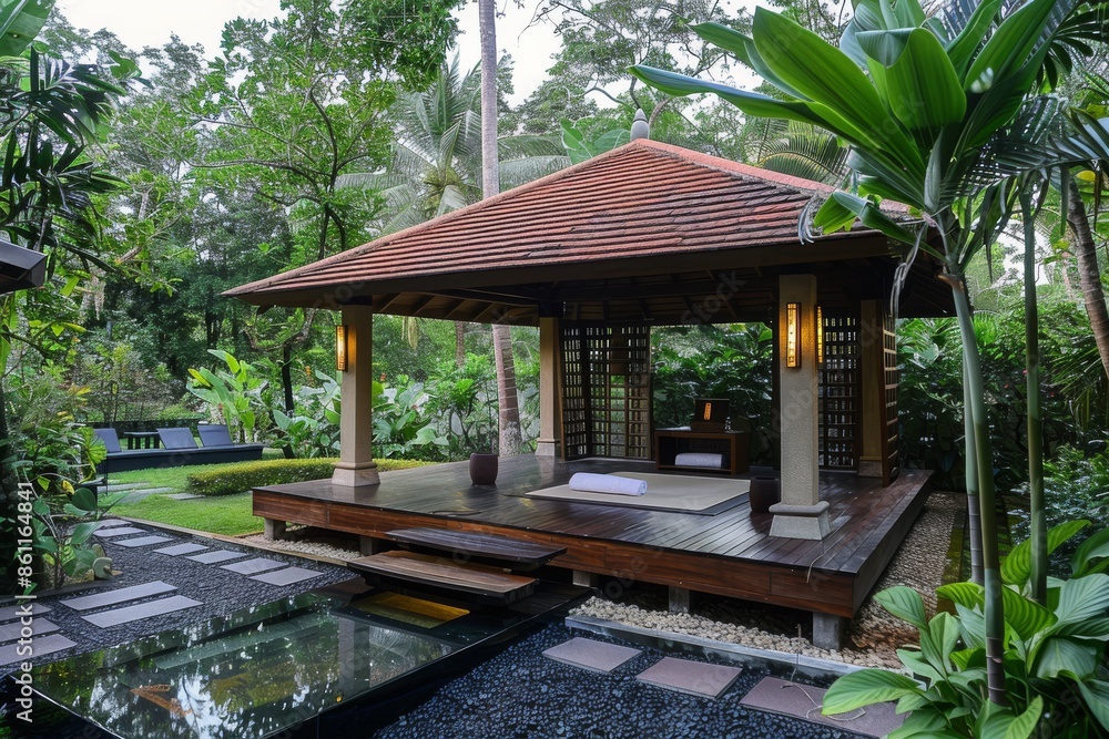 Naklejka premium Tranquil Garden Oasis with Wooden Pavilion