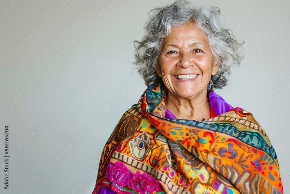 Senior woman with a bright smile, wearing a colorful shawl, standing against a simple white backdrop, her cheerful and lively spirit shining through Senior woman with a bright smile, wearing a colorful shawl, standing against a simple white backdrop, her cheerful and lively spirit shining through