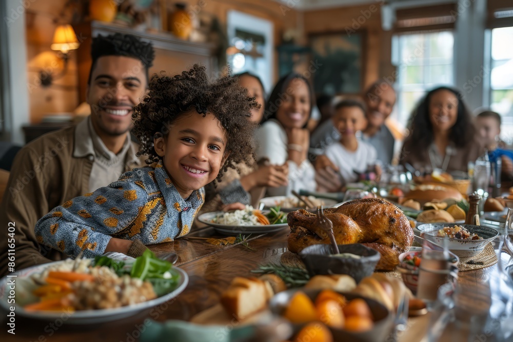 A happy family is sitting around a table and enjoying a Thanksgiving meal. A happy family is sitting around a table and enjoying a Thanksgiving meal.