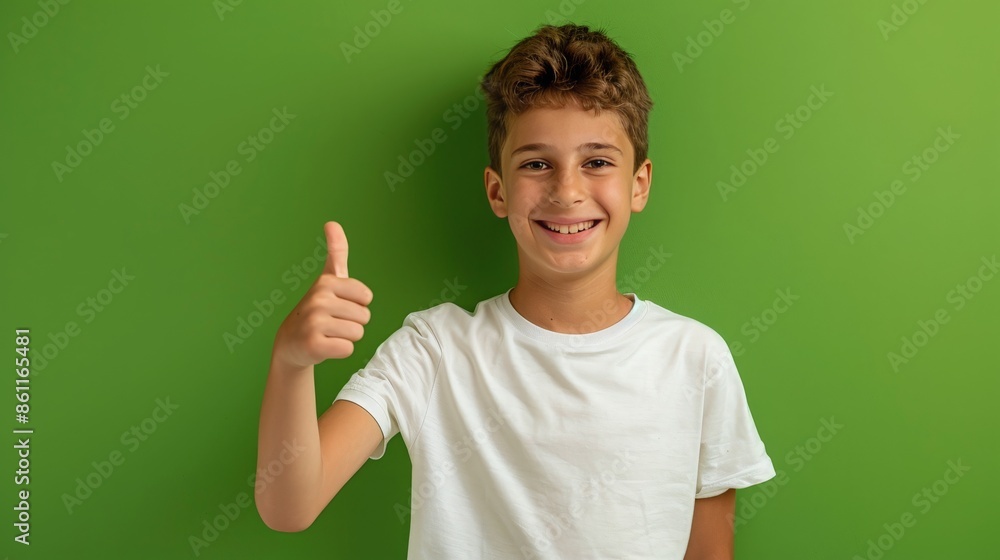 Teenage boy giving a thumbs up, with a wide smile on his face, against a solid green background, radiating confidence and cheerfulness Teenage boy giving a thumbs up, with a wide smile on his face, against a solid green background, radiating confidence and cheerfulness