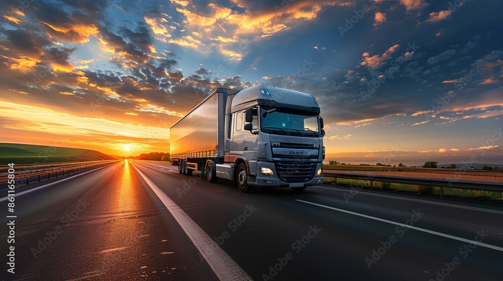 Semi-Truck Driving on Highway at Sunset Semi-Truck Driving on Highway at Sunset