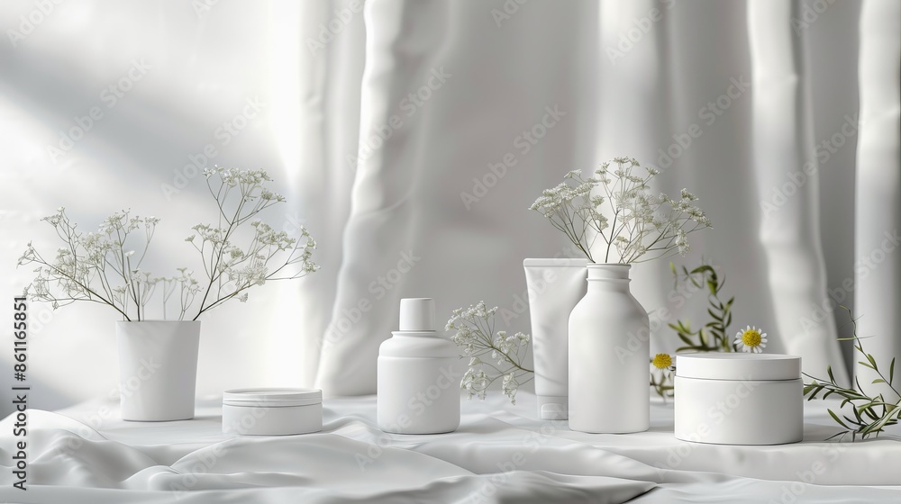 White Products and Flowers on White Tablecloth