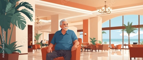 hispanic elder man in hotel resort lobby retirement tr tra travel holiday lifestyle concept banner background photo
