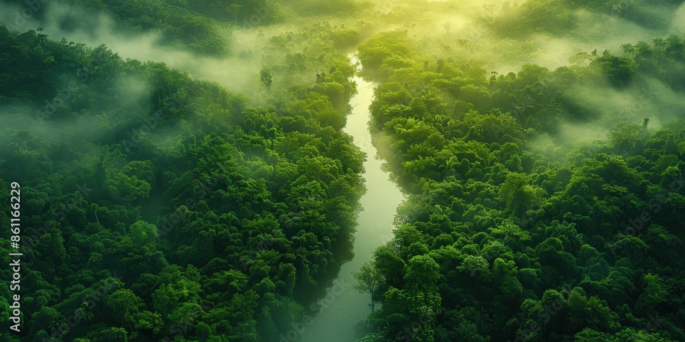 Aerial View of a River Winding Through a Lush Rainforest Aerial View of a River Winding Through a Lush Rainforest