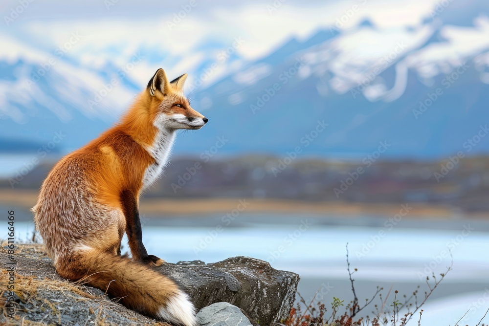 Obraz premium Red fox overlooking Lake Clark State Park, Alaska