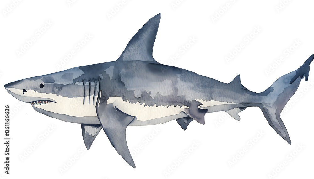 A watercolor illustration of a shark on a white background A watercolor illustration of a shark on a white background