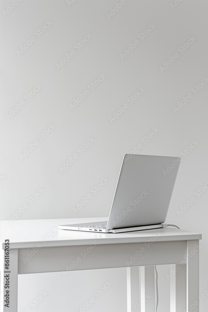 Fototapeta premium White laptop on a white table in a room with white walls