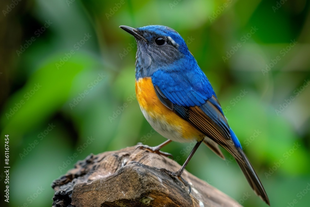 Fototapeta premium Siberian Blue Robin,Close-up of songbird perching on wood,In the rain forest of Thailand