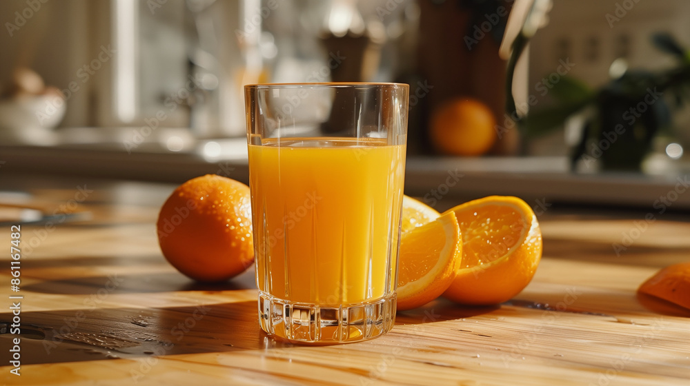 A crystal-clear glass filled with freshly squeezed orange juice, positioned on a wooden table with whole and halved oranges beside it. A crystal-clear glass filled with freshly squeezed orange juice, positioned on a wooden table with whole and halved oranges beside it.