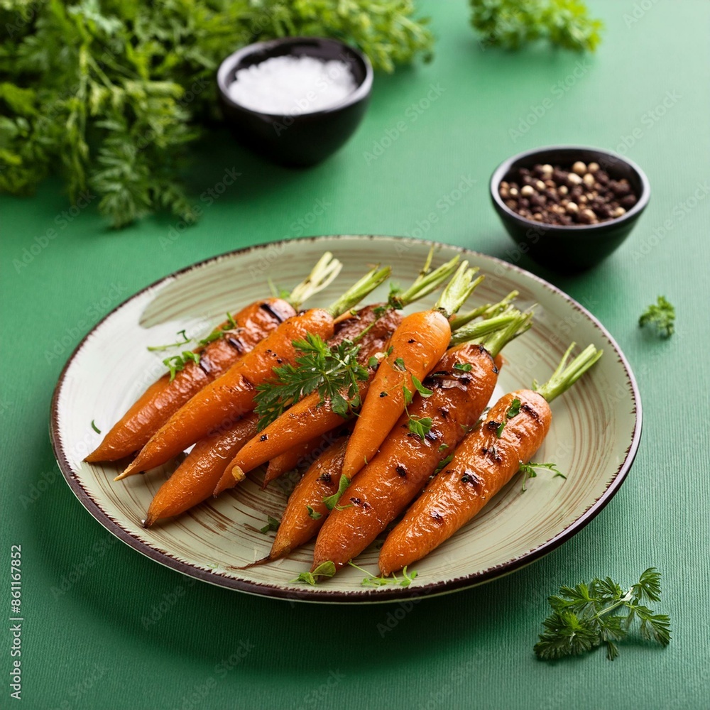 Roasted honey glazed carrots on green background Roasted honey glazed carrots on green background