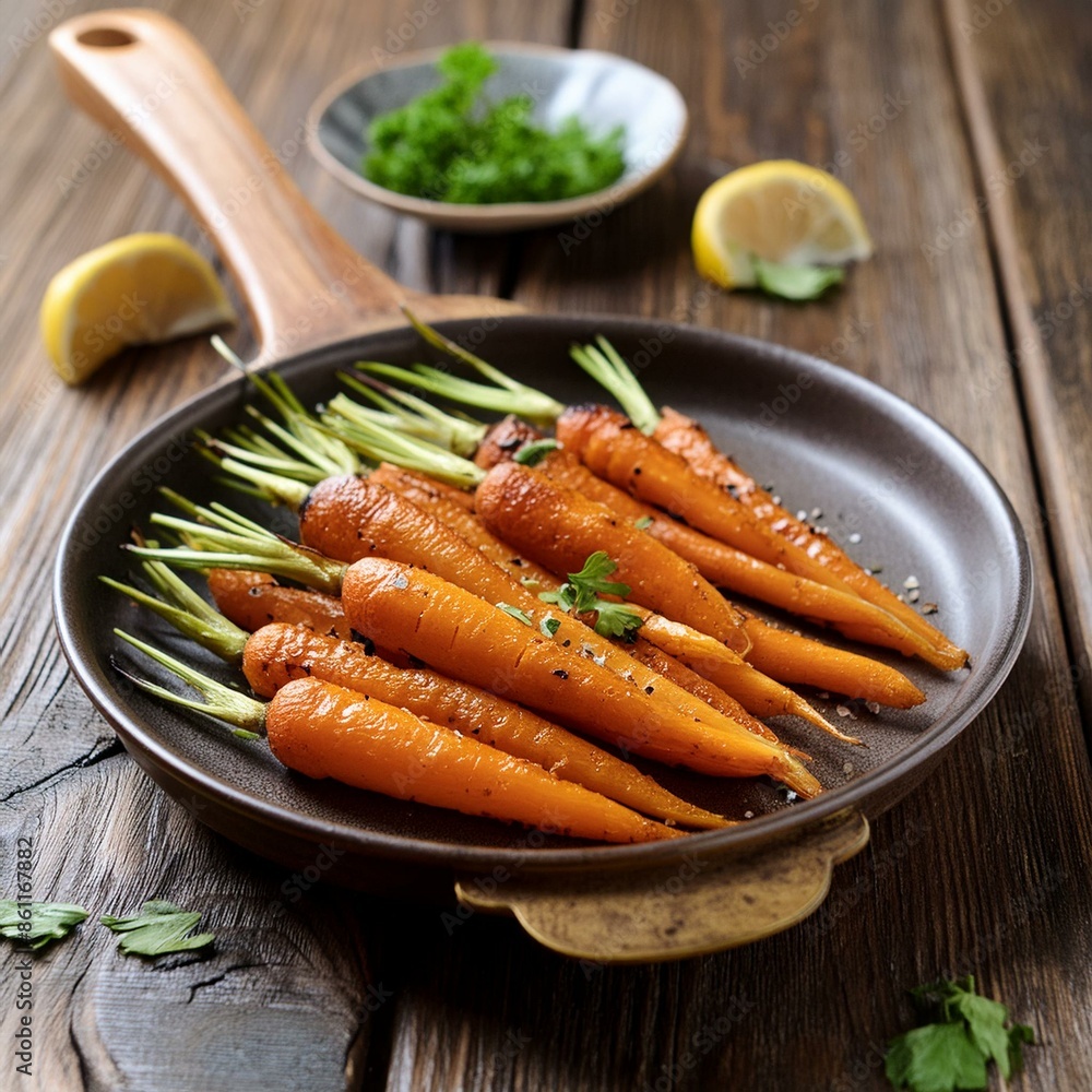 Roasted honey glazed carrots on rustic wooden background Roasted honey glazed carrots on rustic wooden background