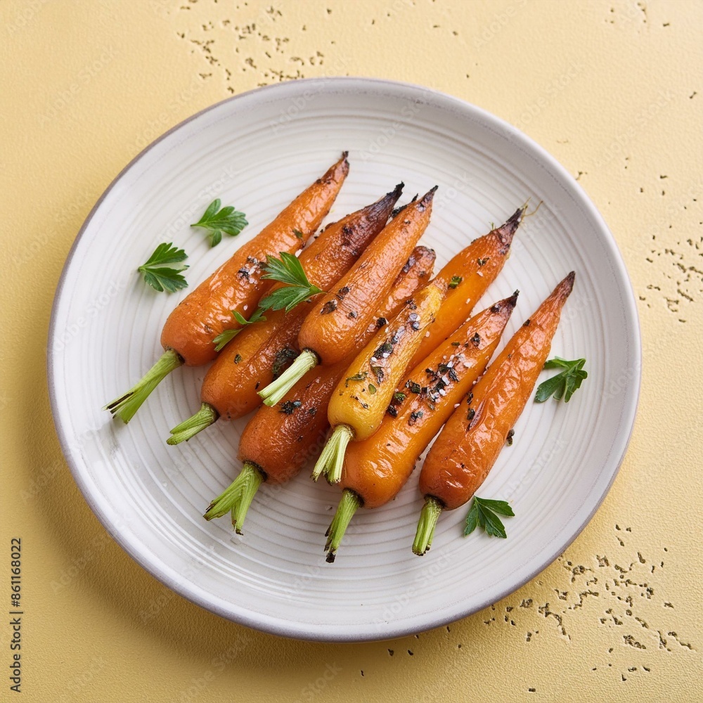 Roasted honey glazed carrots on yellow background Roasted honey glazed carrots on yellow background