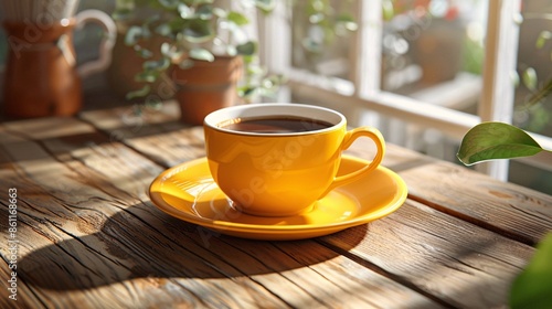 Classic coffee cup on a sunny yellow saucer, perfect for cozy cafe settings and coffee-themed designs.