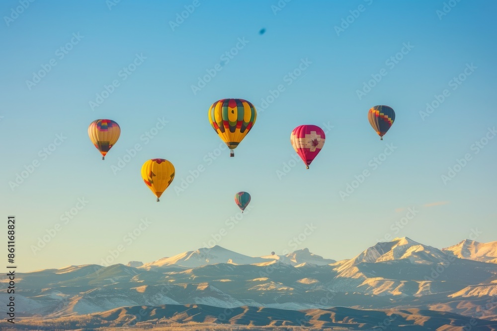 Fototapeta premium Hot Air Balloons Soaring Over Snowy Mountain Range