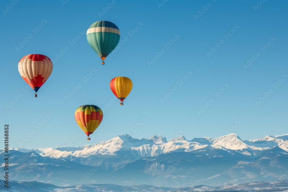 Obraz premium Hot Air Balloons Soaring Over Snowy Mountains