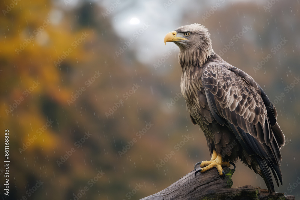 Fototapeta premium Majestic white tailed eagle perched on branch during rain