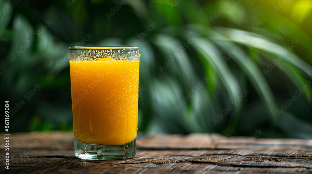 A frosty glass of orange juice with droplets of condensation, placed on a rustic wooden table with a backdrop of green foliage. A frosty glass of orange juice with droplets of condensation, placed on a rustic wooden table with a backdrop of green foliage.