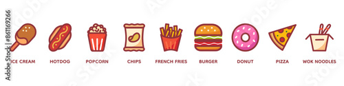 Fast food and drink vector icon set Set of colorful with text. Fast food restaurant. Fast food menu. Pizza, hamburger, fries potatoes, popcorn, ramen noodle soup, hot dog, popcorn, ice cream,