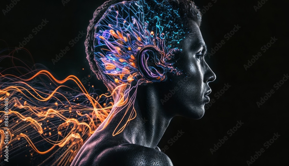 Profile of a man with neural and energy lines in the brain Profile of a man with neural and energy lines in the brain