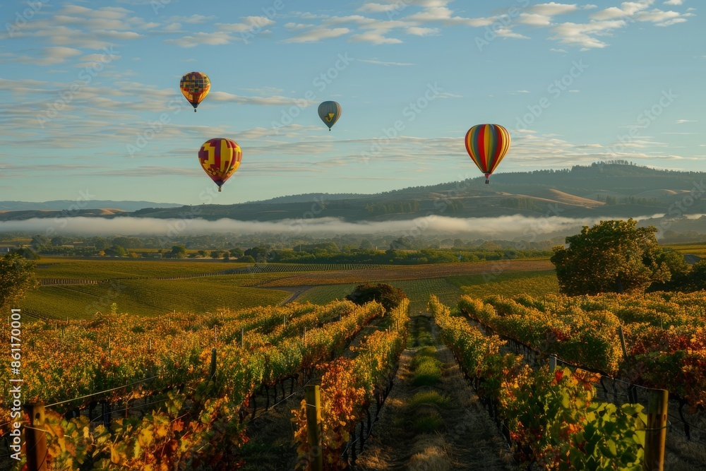 Obraz premium Hot Air Balloons Over Vineyard Landscape