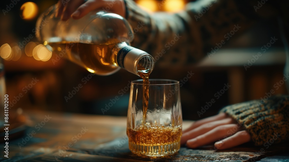 Obraz premium Pouring Whiskey into Glass on Cozy Evening. Hand Pouring Alcoholic Drink in Warm Setting