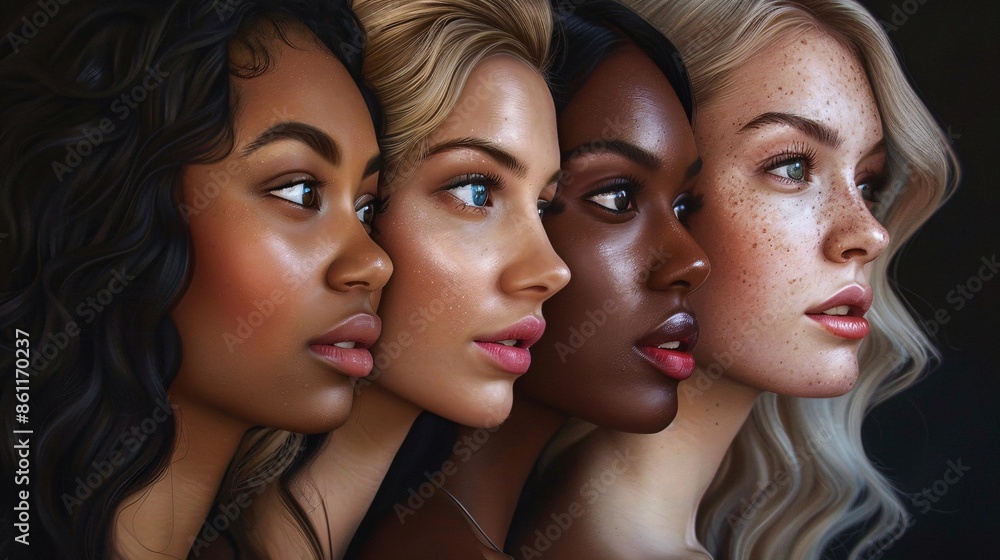Group of young women with different hair and skin colors in a row. Diversity concept. Group of young women with different hair and skin colors in a row. Diversity concept.
