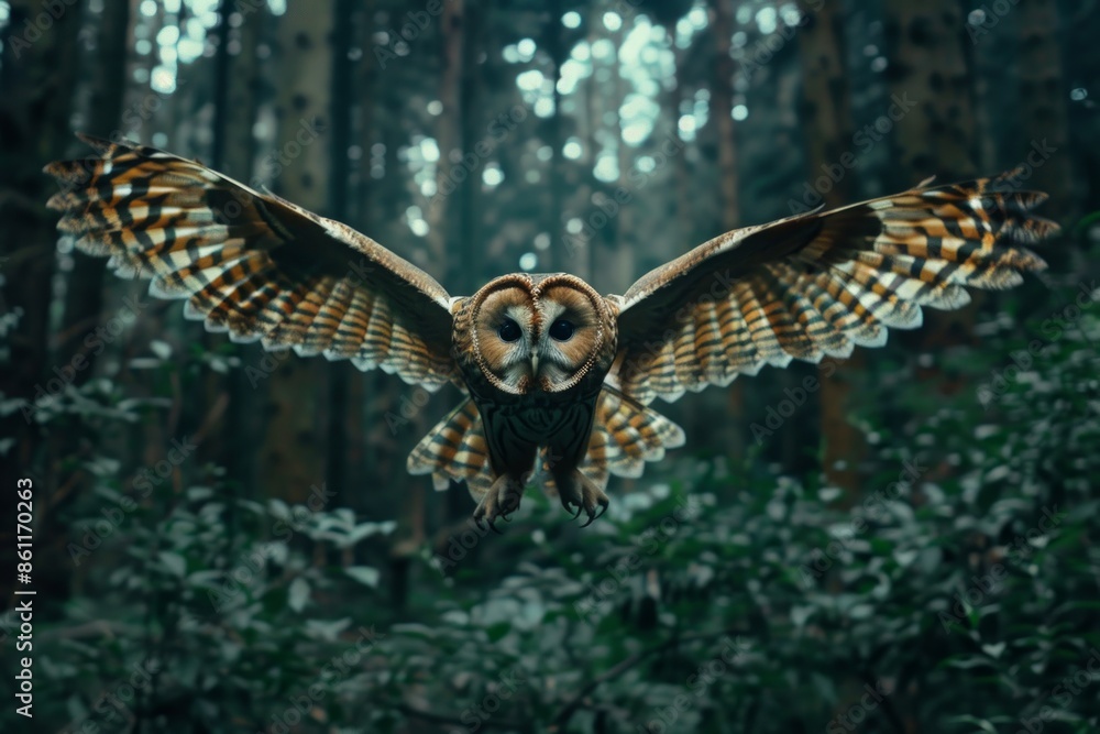 Fototapeta premium Tawny owl flying through woodland.
