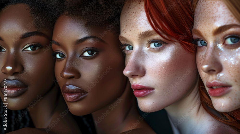 Group of young women with different hair and skin colors in a row. Diversity concept. Group of young women with different hair and skin colors in a row. Diversity concept.