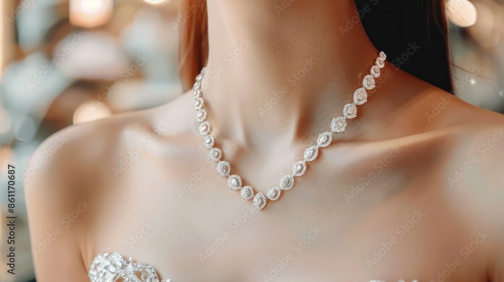Diamond necklace on the neck of a woman Diamond necklace on the neck of a woman