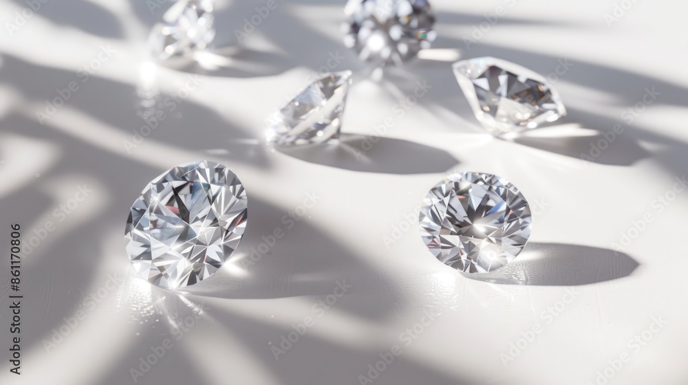 diamonds of different cuts and sizes on a light background with shadows diamonds of different cuts and sizes on a light background with shadows