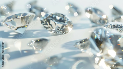 diamonds of different cuts and sizes on a light background with shadows