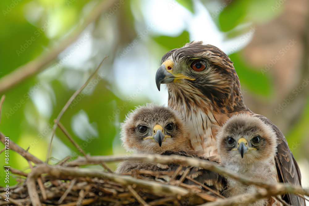 Hawk protecting chicks in nest high up in tree Hawk protecting chicks in nest high up in tree