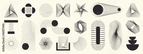 Hand drawn abstract minimal element mid century vector set. Aesthetic contemporary stripe line art, geometric shape in monochrome. Art form design for wall art, decoration, wallpaper.