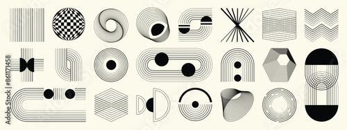Hand drawn abstract minimal element mid century vector set. Aesthetic contemporary stripe line art, geometric shape in monochrome. Art form design for wall art, decoration, wallpaper.