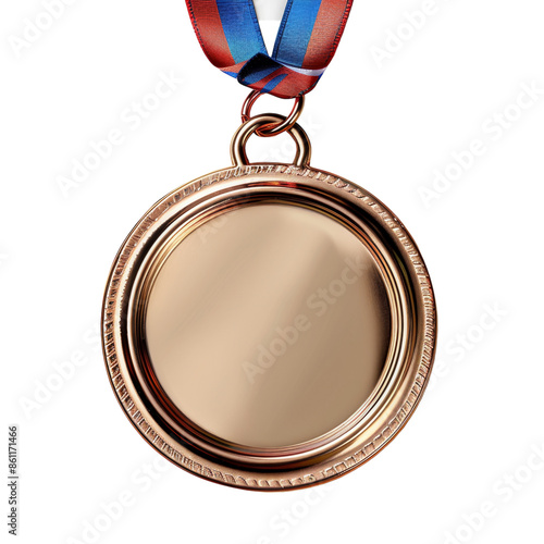 Gold medal with red, white, blue ribbon, isolated on white background. photo