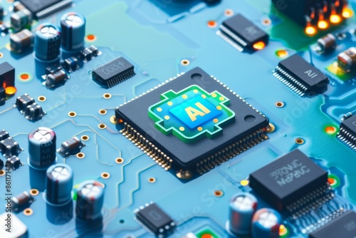 AI Microchip on Circuit Board with Advanced Technology Elements