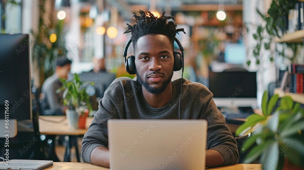Portrait of young man in headphones working on computer in office. Portrait of young man in headphones working on computer in office.