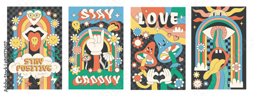 Flower groovy retro poster. Psychedelic 70s smile face. Cartoon rainbow sticker. Hallucination mushroom. Good love power. Happy peace character. Mouth with tongue. Vector abstract banners design set