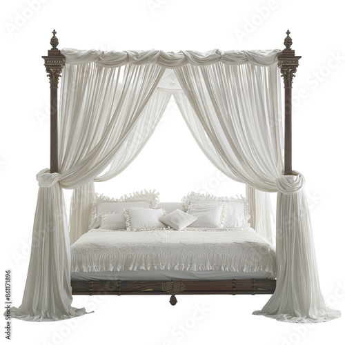 Luxurious canopy bed with white drapes, isolated on white background. photo