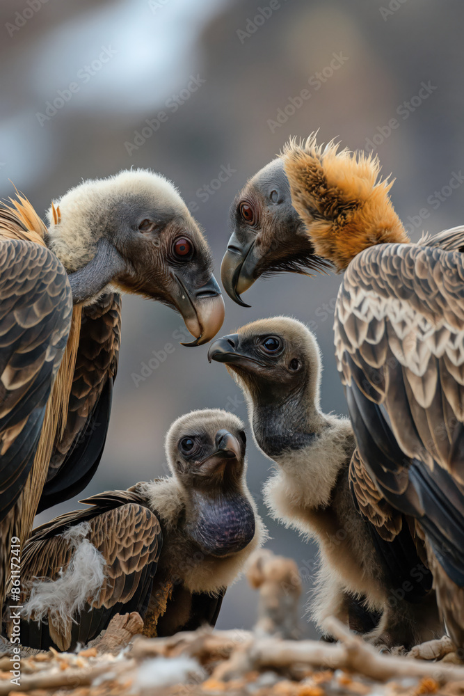 Vulture family gathering on cliff edge