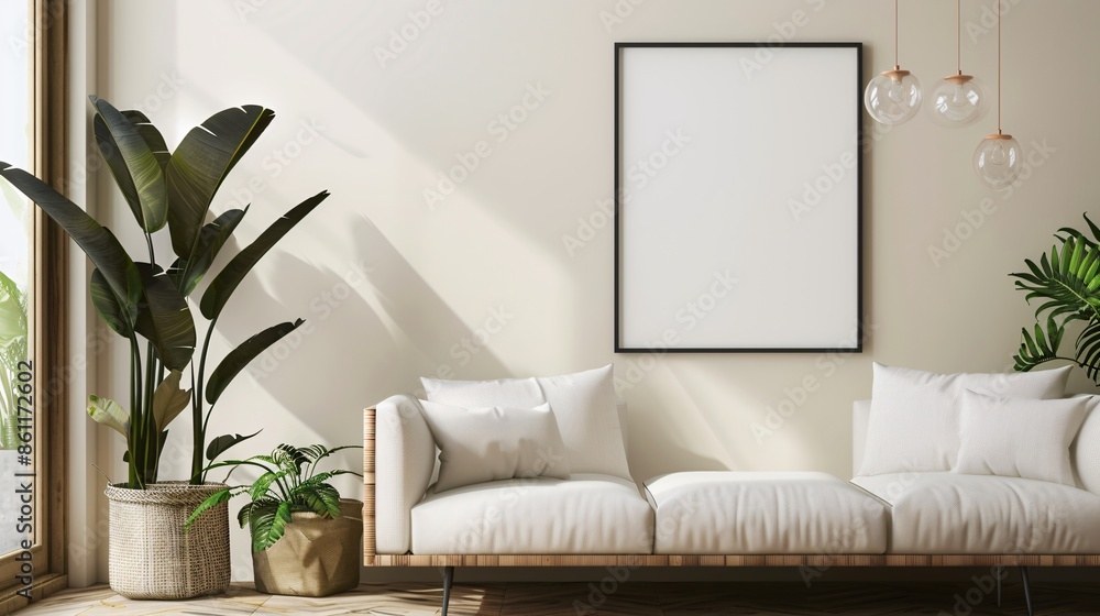 Interior of modern living room with white walls, armchairs and vertical mockup poster frame. Interior of modern living room with white walls, armchairs and vertical mockup poster frame.