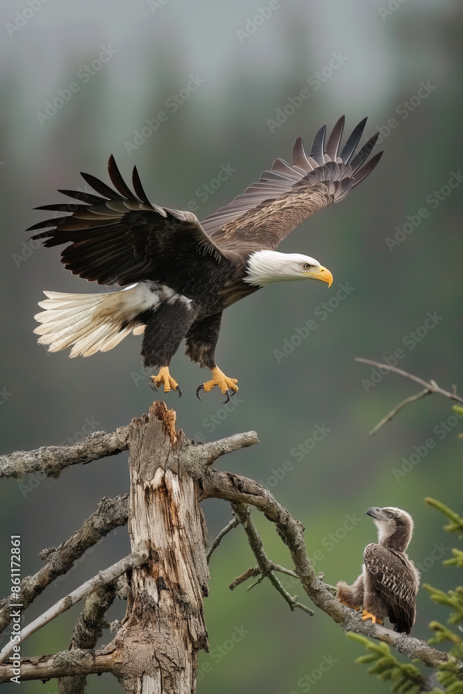 Adult bald eagle landing on tree branch with eaglet