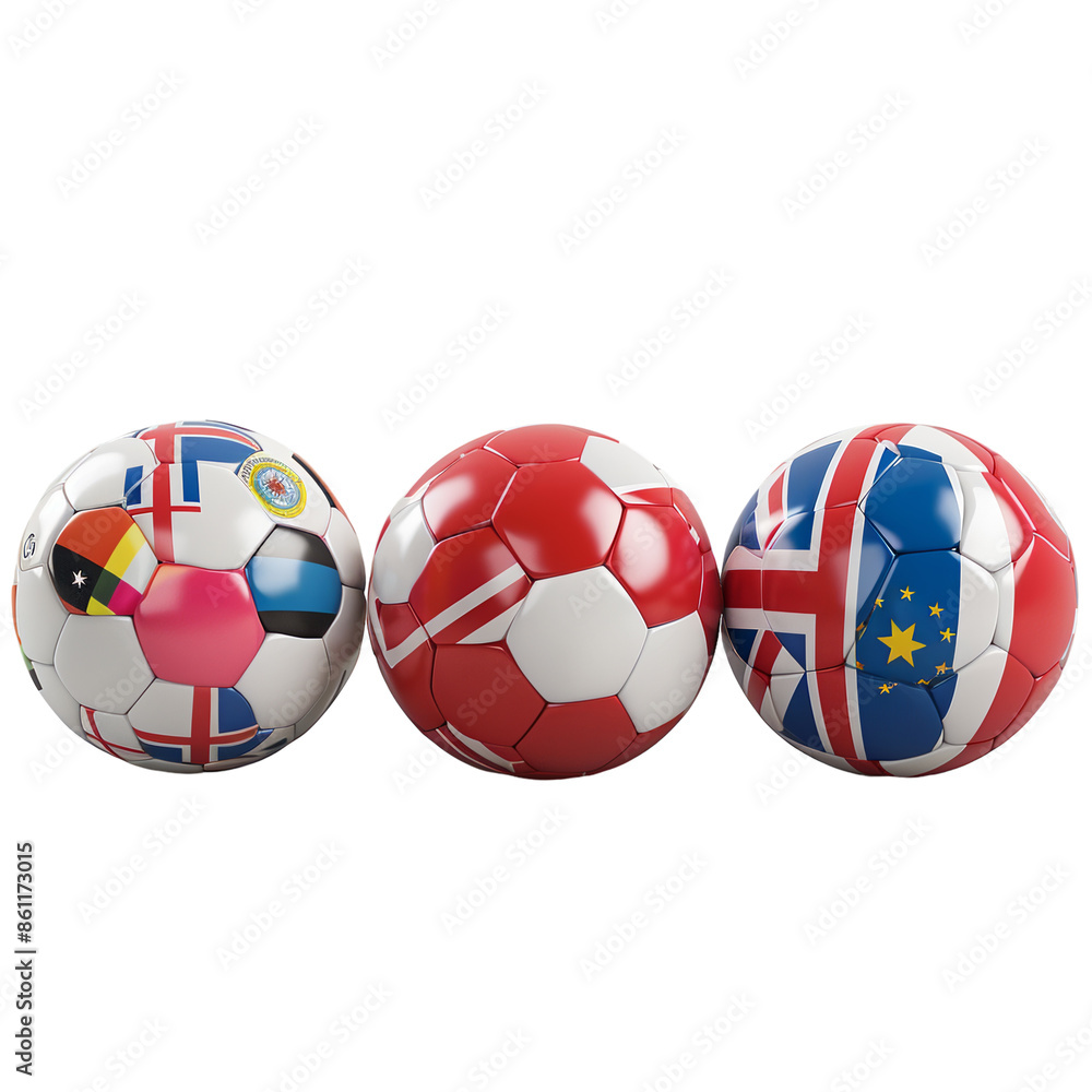 Obraz premium Soccer balls with flags of Slovenia, Denmark, Serbia, and England, isolated on white