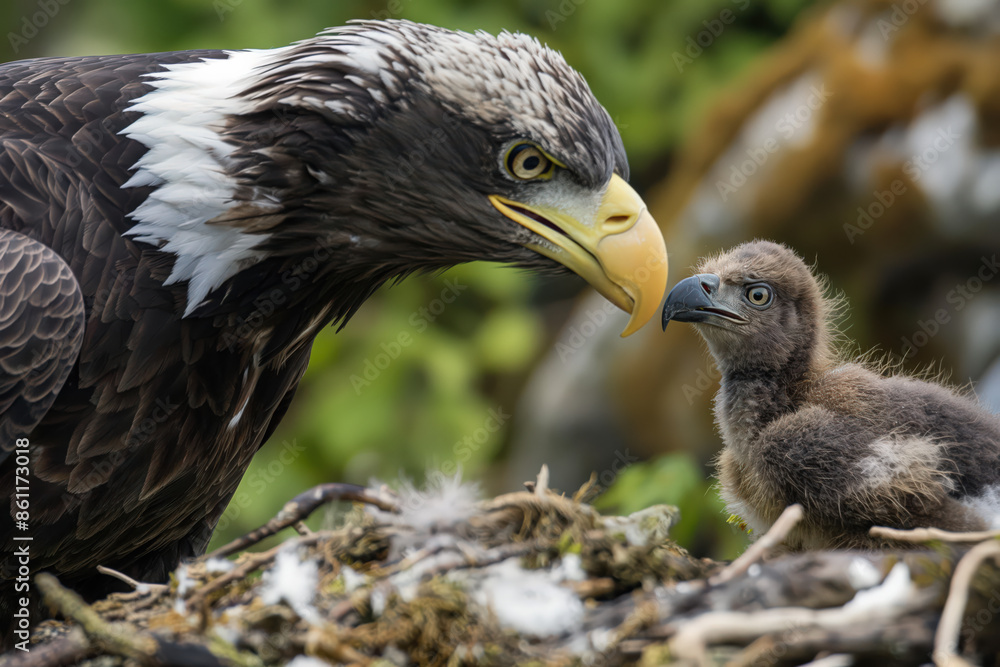 Fototapeta premium Adult bald eagle nudging beak of its young chick in nest